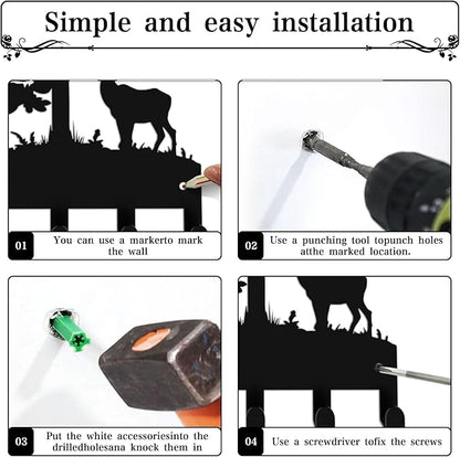 Key Holder for Wall, Metal Key Holder Hooks Organizer Rack, Key Organizer Wall Decorative with 5 Hooks for Entryway, Front Door, Hallway, Bedroom, Office (12 Inches, Deer, Tree)