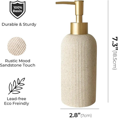 Lunestella Sand Beige Hand Soap Dispenser for Bathroom and Kitchen with Matte Gold Pump, Lotion, Dish Soap, Multiuse, Luxury Farmhouse Style, Sandstone Finish, Rust Proof, 7oz (Matte Gold)