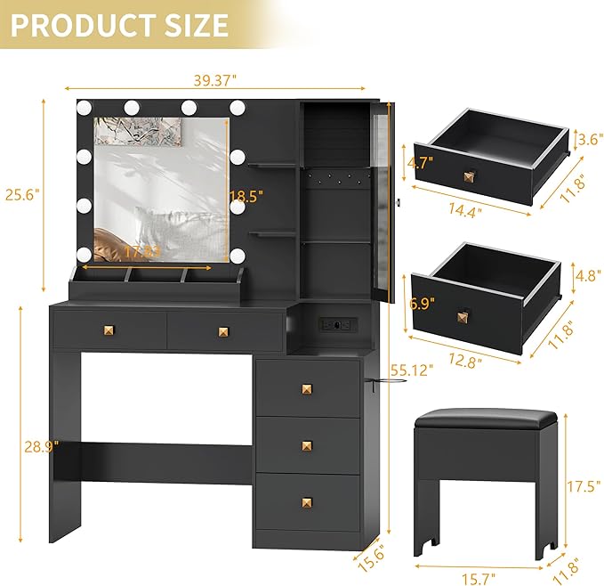 Vanity Desk with Mirror and Lights,Makeup Table & RGB Storage Cabinet,Large Drawer & Storage Shelves,5 Drawer,Bedroom Dressing Table, Black