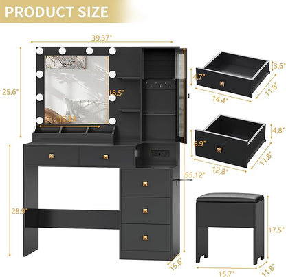 Vanity Desk with Mirror and Lights,Makeup Table & RGB Storage Cabinet,Large Drawer & Storage Shelves,5 Drawer,Bedroom Dressing Table, Black