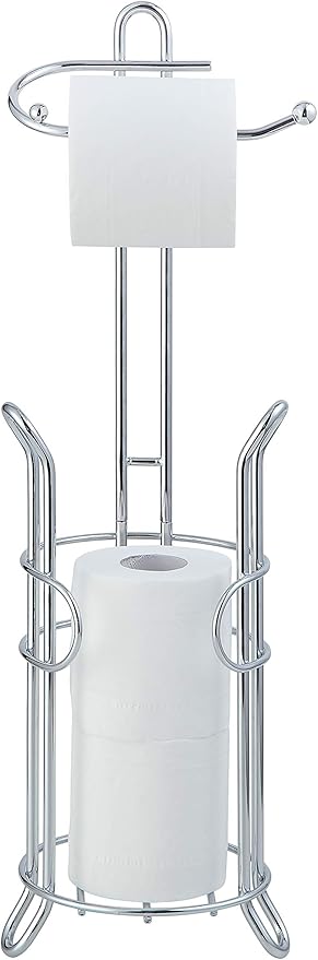 SunnyPoint Freestanding Toilet Paper Holder with Storage – Holds 3 Spare Rolls, Heavy-Duty Steel, Chrome Finish, Easy Assembly, Space-Saving Bathroom Organizer