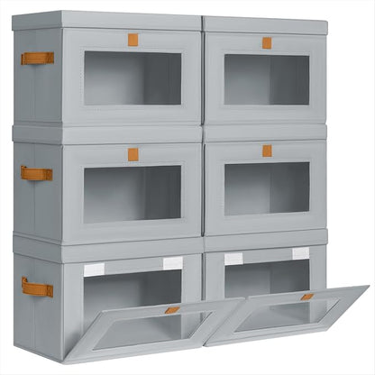 Homsorout Medium Fabric Storage bins - Collapsible Storage Bins with Open Window, 6 Pack Closet Baskets for Shelves, Stackable Decorative Boxes for Home, Dorm, Grey, 13.7"x 9.8" x 9.8"