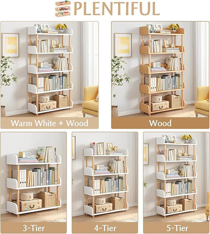 5-Tier Wooden Open Bookcase - Modern Display Bookshelf with Top Edge and Solid Wood Frame for Home and Office, Storage Cabinet, Warm White