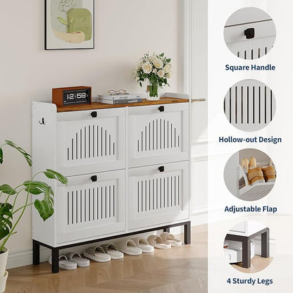 Garvee 4 Flip Drawer Shoe Cabinet with Adjustable Shelves, Hidden Shoe Organizer with Large Capacity, Freestanding Wooden Shoe Rack for Entryway, Hallway, Living Room, White