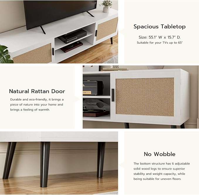 ZttRiee TV Stand for TVs up to 65'', Mid Century Modern Entertainment Center with Rattan Door, Shelves & 2 Cabinets, Boho Media TV Console for Living Room, Bedroom, White