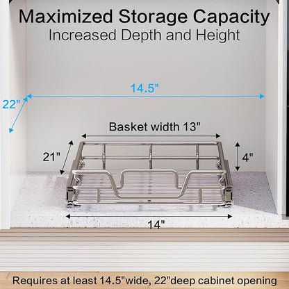 Kitchen Cabinet Pull Out Shelf and Drawer Organizer Slide Out Pantry Storaqe Basket in Multiple Sizes (14" W x 21",1 Tier)