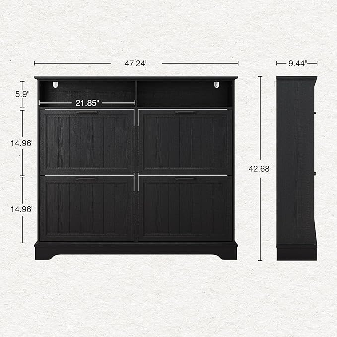 Shoe Storage Cabinet with 4 Flip Drawers, Farmhouse Modern Hidden Shoes Rack Cabinet with Adjustable Shelves & Open Storage, Narrow Slim Shoe Organizer for Front Door Entrance, Entryway, Hallway,Black