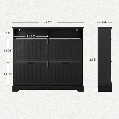 Shoe Storage Cabinet with 4 Flip Drawers, Farmhouse Modern Hidden Shoes Rack Cabinet with Adjustable Shelves & Open Storage, Narrow Slim Shoe Organizer for Front Door Entrance, Entryway, Hallway,Black
