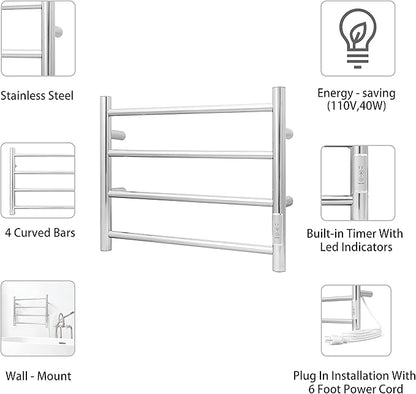 KEG Towel Warmer Wall Mounted with Built-in Timer 4 Bars Electric Stainless Steel Heated Towel Racks for Bathroom, Hot Plug-in Bath Towel Heater Polish Chrome