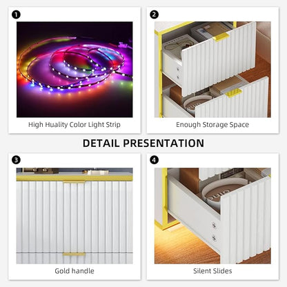 4ever2buy White and Gold Nightstand Set of 2, Modern Bedside Table with LED Lights, End Table for Bedroom Living Room