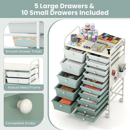 Giantex 15 Drawer Storage Cart, Rolling Craft Cart with Metal Tabletop & Pegboard, Mobile Utility Organizer Trolley with Locking Wheels, Home Office, Green Gradient