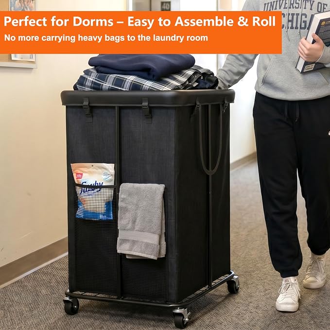Rolling Laundry Hamper with Wheels – 150L Laundry Basket with Removable Bag & Sturdy Metal Frame, Large Tall Dirty Clothes Hampers for Bedroom, Laundry Room, Apartment, Dorm – Black