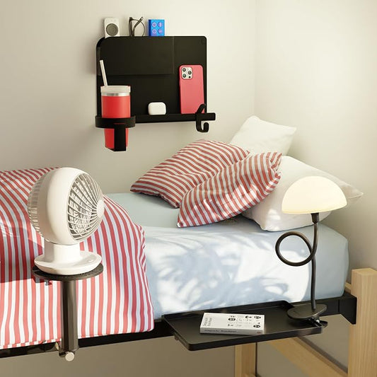 BedShelfie Black 4-Pack, Shroommate, FanShelfie, WallShelfie - Bedside Shelf with WallShelfie Wall-Mount Organizer and Shroommate Clip On Light and Fanshelfie Fan Holder - Bunk Bed
