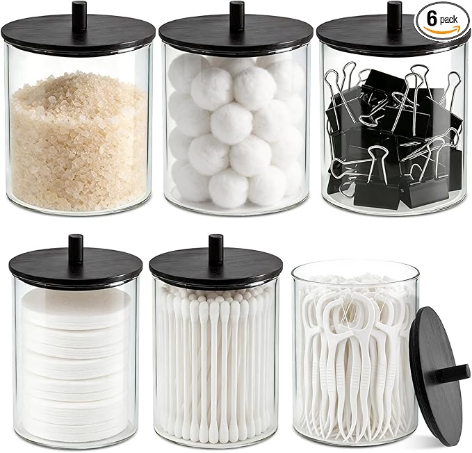 Glass Qtip Holder Dispenser Set - 15oz & 10oz Cotton Swab Holder with Black Wooden Lids, Bathroom Canisters Apothecary Jar Vanity Storage Organizer for Cotton Balls, Floss Picks (6 Pack)