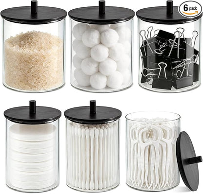 Glass Qtip Holder Dispenser Set - 15oz & 10oz Cotton Swab Holder with Black Wooden Lids, Bathroom Canisters Apothecary Jar Vanity Storage Organizer for Cotton Balls, Floss Picks (6 Pack)