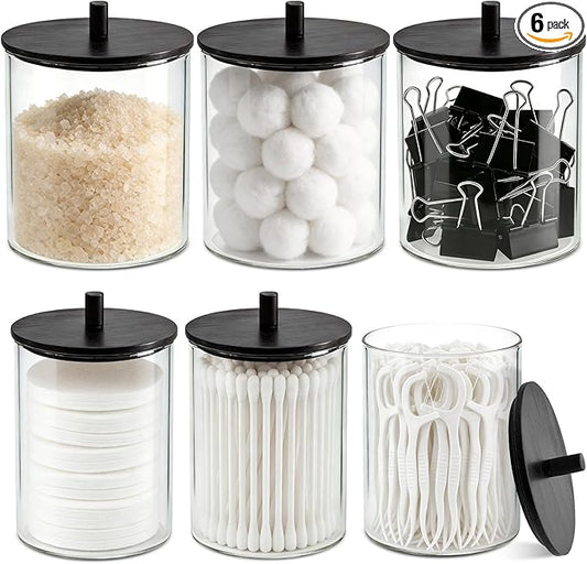 Glass Qtip Holder Dispenser Set - 15oz & 10oz Cotton Swab Holder with Black Wooden Lids, Bathroom Canisters Apothecary Jar Vanity Storage Organizer for Cotton Balls, Floss Picks (6 Pack)
