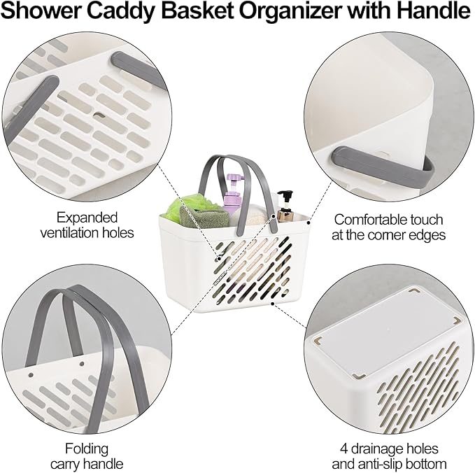 Vababa 4 Pack Portable Shower Caddy, Plastic Caddy Organizer with Handle, Portable Shower Caddy Tote Organizer Basket for Bathroom Kitchen Dorm Room, White