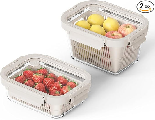 GENICOOK Glass Fruit Storage Containers for Fridge, 2 Pack Produce Containers with Removable Colanders & Vent Glass Lids, Airtight Fruit & Vegetable Storage, BPA Free Borosilicate Glass