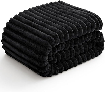 BEDELITE Fleece Black Throw Blanket for Couch - 300GSM Soft & Warm Fluffy Black Blanket, Decorative and Giftable Striped Blankets for Women, Men, 50"x60"