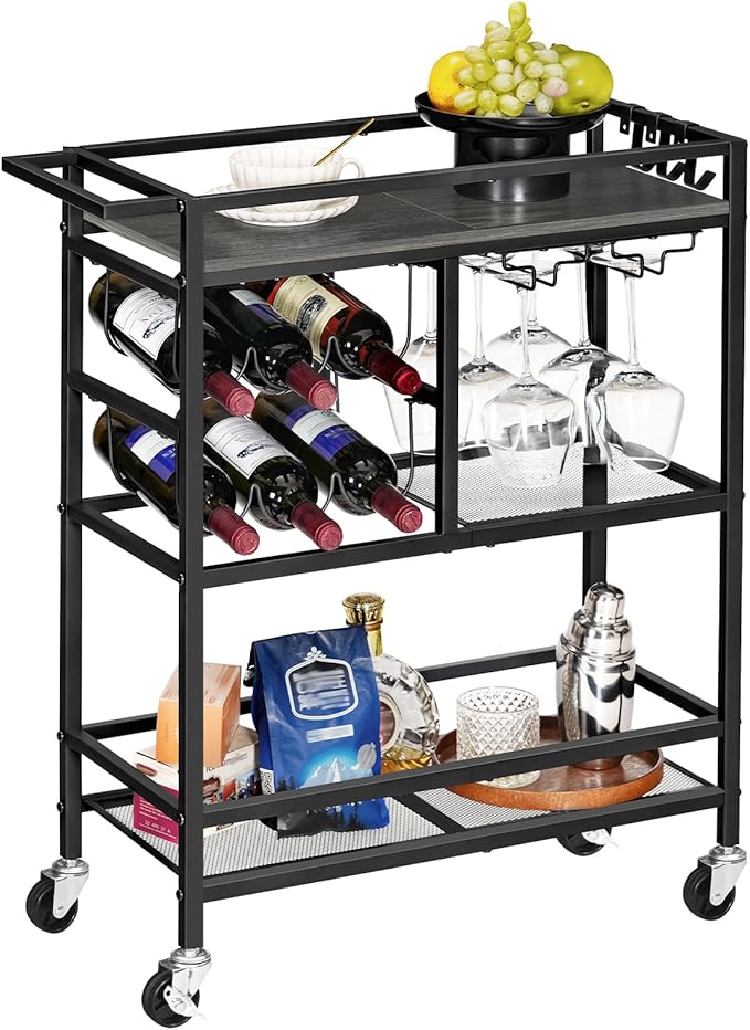 Bar Cart for Home, 3-Tier Serving Cart with Wheels and Handle, Beverage Cart with Wine Rack and Glass Holders, Rolling Wine Cart for Kitchen, Dining Room, Charcoal Gray and Black RCHT6101
