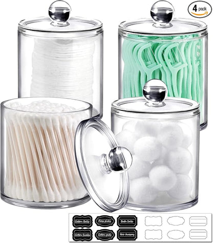 SheeChung 4-Pack Clear Acrylic Apothecary Jars with Labels - (2) 10oz & (2) 12oz Qtip Holder Set - Shatterproof Bathroom Vanity Organizer for Cotton Swabs, Balls, Pads - Minimalist Decor