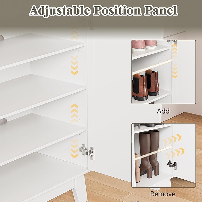 Shoe Cabinet Storage for Entryway, 4 Tier Fluted Shoe Storage Cabinet with 2 Drawers, Narrow Hidden Shoe Organizer with Adjustable Shelves, Freestanding Shoe Rack for Entryway, Hallway, White