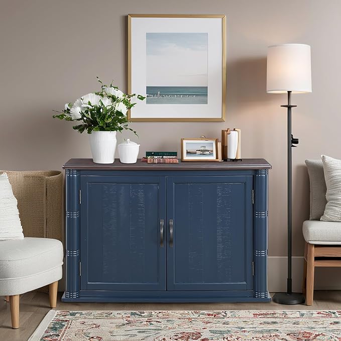 HMFULE 40" Sideboard Buffet Storage Cabinet, Retro Console Table with Solid Wood Feet Adjustable Shelf & 2 Doors for Kitchen Dining Room Living Room (Navy Blue)