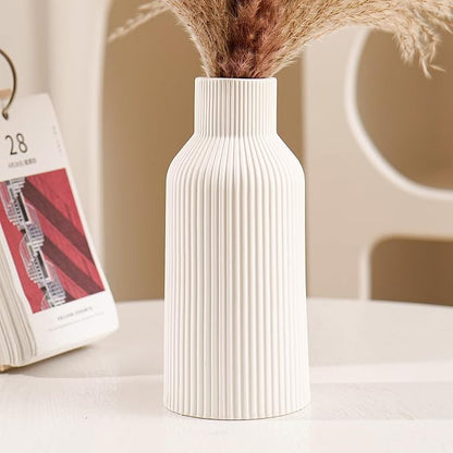 Bohemian White Ceramic Vase - for Pampas Grass, Mantel, Bookshelf, Entryway and Living Room Decor (White, 7in)
