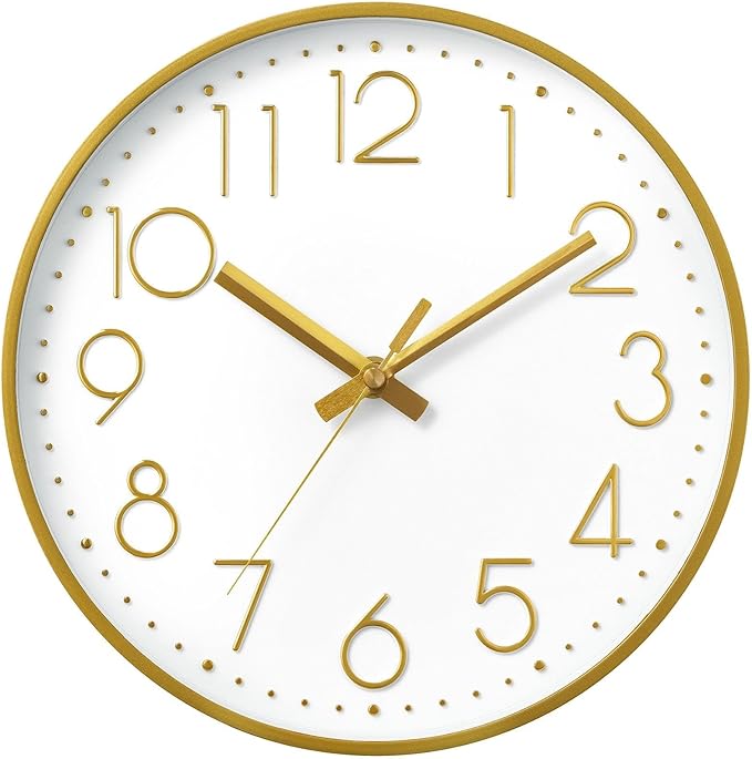 DAXSMY Wall Clock - 10 Inch Silent Non-Ticking Modern 3D Wall Clocks Battery Operated - Decorative Clock for Kitchen, Home Office, Bathroom, Bedroom(Gold)