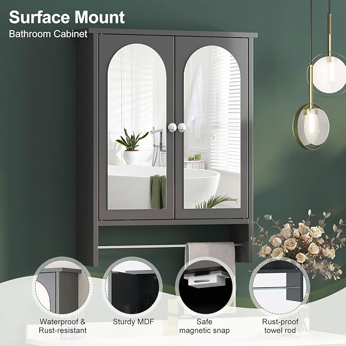Bathroom Medicine Cabinet Mirror,Arched Bathroom Cabinet with Mirror,Surface Mount Medicine Cabinet Wall Mounted,Mirrored Medicine Cabinets with Towel Bar,Black Wall Cabinet 22x28