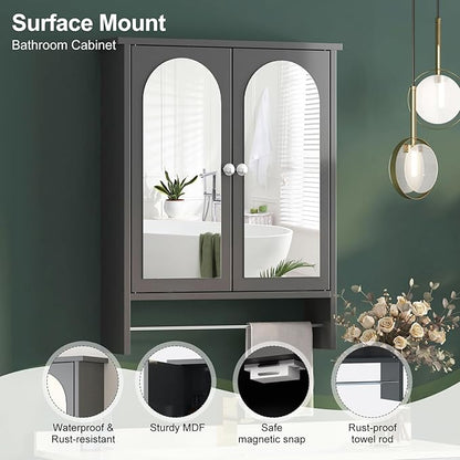 Bathroom Medicine Cabinet Mirror,Arched Bathroom Cabinet with Mirror,Surface Mount Medicine Cabinet Wall Mounted,Mirrored Medicine Cabinets with Towel Bar,Black Wall Cabinet 22x28