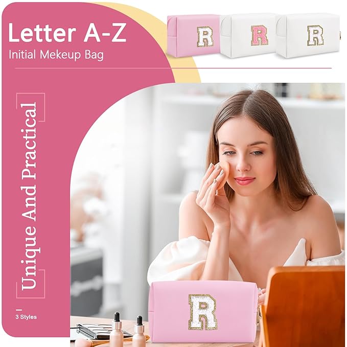 Personalized Initial A-Z Preppy Patch Makeup Bag,Small PU Chenille Letter Cosmetic Bag with Zipper for Teen Girls,Pink Cute Toiletry Organizer Bag,Monogram Makeup Case Gift for Women Girls,Letter R