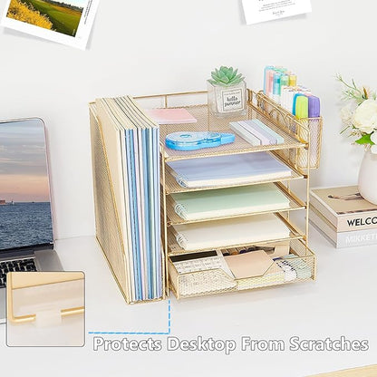 Desk Organizers and Accessories, 5-Tier Paper Letter Tray Organizer with File Holder, Drawer & Pen Holder, Office Desk Accessories, Desktop Organizer for Classroom Office Supplies, Gold