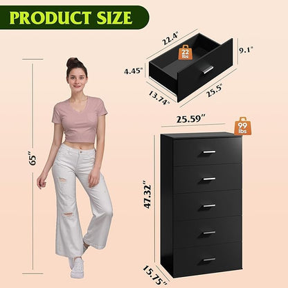 WLIVE Tall Dresser for Bedroom, Wood Chest of Drawers with Mental Handles, Black Bedroom Dresser with 5 Drawers, Modern Minimalist Closet Store Organizer for Living Room, Hallway