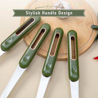 FJNATINH Spatula and Ladle Set - 2 Wok Tools - Universal Ladle and Spatula - Stainless Steel Cooking Utensils and Accessories, 13"-14", Green Handle