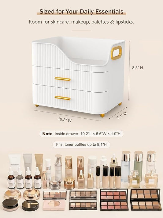 Booklov Countertop Makeup Organizer with Drawers, 3 Tier Large Cosmetic Storage Box for Vanity, Bathroom Counter, Dresser, Skincare Display Case for Lipsticks, Beauty Palettes, Teen Girl Gifts, White