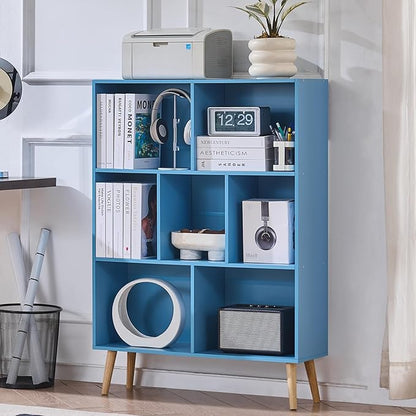 LEYAOYAO Cube Bookshelf 3 Tier Mid-Century Blue Modern Bookcase with Legs,Retro Wood Bookshelves Storage Organizer Shelf,Freestanding Open Book Shelves for Bedroom,Living Room,Office