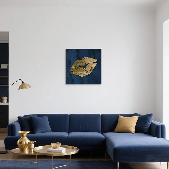Navy Blue and Gold Lip Canvas Wall Art Lip Wall Decor Fashion Poster Sexy Painting Cute Pictures for Bedroom Bathroom Makeup Home Decoration 32x32Inch