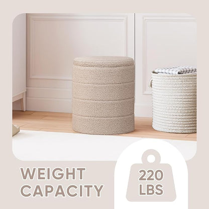 PINPLUS Round Storage Ottoman Foot Rest Stool with Tray Velvet Sherpa Folding Storage Ottoman,Boucle Foot Rest for Living Room, Bedroom, Dorm（Beige）