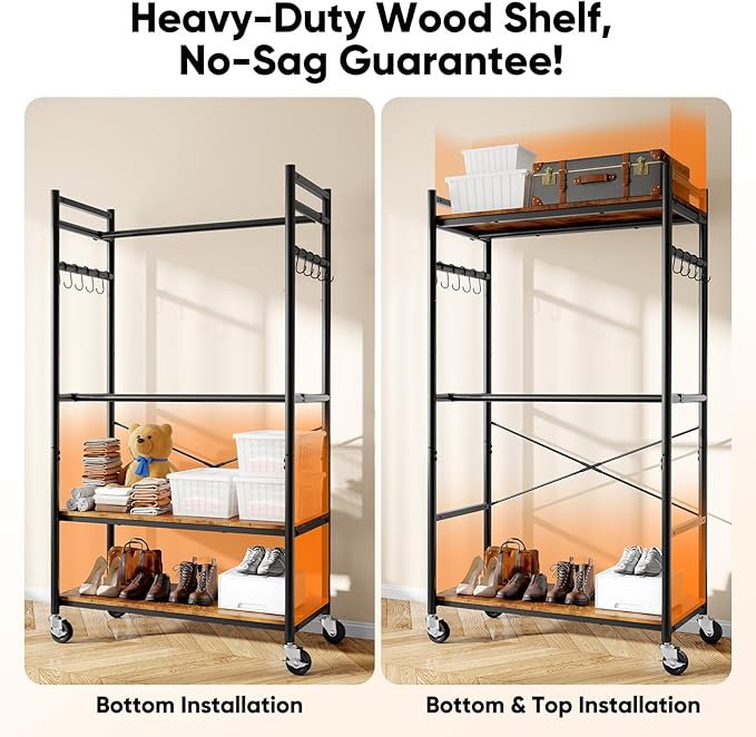 HOKEEPER Heavy Duty Rolling Garment Rack, Wood & Metal Clothing Rack with Shelves, Adjustable Height Freestanding Wardrobe for Bedroom, Freestanding Closet Organizer, Max Load 450 LBS