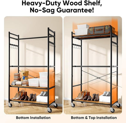 HOKEEPER Heavy Duty Rolling Garment Rack, Wood & Metal Clothing Rack with Shelves, Adjustable Height Freestanding Wardrobe for Bedroom, Freestanding Closet Organizer, Max Load 450 LBS