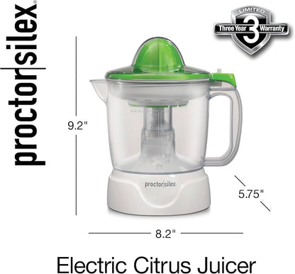 Proctor Silex Electric Citrus Juicer Machine, Large 34 oz. Pitcher, Pressure Activated, 2 Reamers for Big and Small Fruit, Pulp Control, for Orange, Lemon, Grapefruit Juice, White & Green (66340)