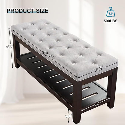 44" Ottoman Bench, Upholstered End of Bed Bench, Oversized Footrest with Wood Shelf torage Storage Bench for Bedroom, Entryway, Living Room, Light Grey