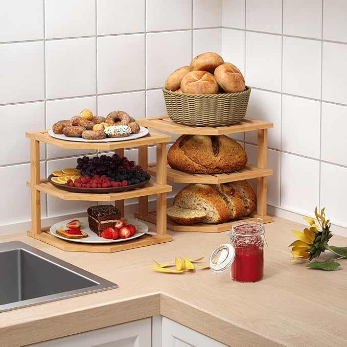 3 Tier Bamboo Corner Shelf(4 Pack),Dish Drying Rack,Plate Organizer,Kitchen Spice Rack for Countertop and Cabinet