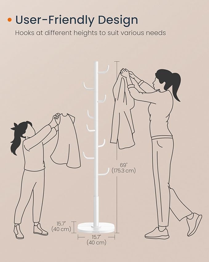 SONGMICS HOME Cactus-Shaped Coat Rack, Freestanding Coat Tree, Coat Hanger Stand with 8 Sturdy Hooks, with Curved Ends, for Clothes, Hats, Bags, Cloud White URCR039W01
