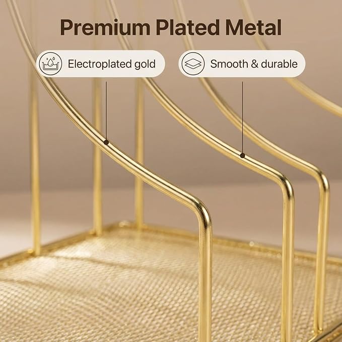 Gold Binder Organizer for Desk, 5 Slot Metal Wire Vertical File Sorter with Mesh Bottom, Large Desktop Magazine Holder Rack for 2 Inch Binders, Medical Coding Books, Vinyl Records, 12.1"