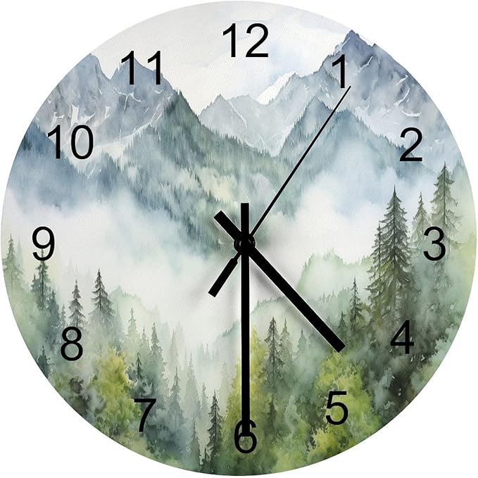 Forest Wall Clock 12 Inch Silent Non Ticking Clock Wooden, Watercolor Style Nature Woodland Green Forest Mountain Plant Wall Clock Battery Operated Kitchen Bedroom Living Room Decor