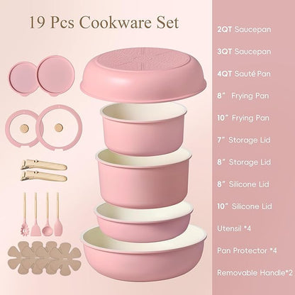 CAROTE Pots and Pans Set, Nonstick Cookware Set Detachable Handle, 19pcs Induction Kitchen Cookware Sets Non Stick with Removable Handle, RV Cookware Set, Oven Safe, Pink