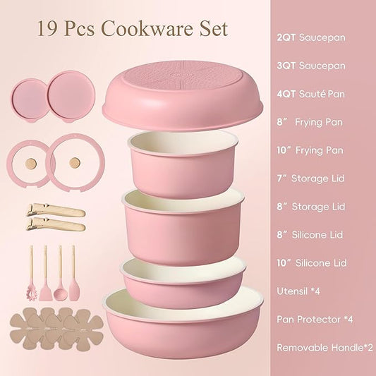 CAROTE Pots and Pans Set, Nonstick Cookware Set Detachable Handle, 19pcs Induction Kitchen Cookware Sets Non Stick with Removable Handle, RV Cookware Set, Oven Safe, Pink