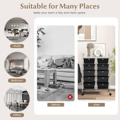 LDAILY 10 Drawer Rolling Cart, Storage Cart Organizer on Wheels, Drawer Cart with Metal Frame & Large Storage Capacity, Rolling Cart with Drawers for Living Room Classroom, Office